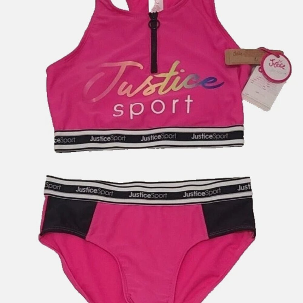 NWT Justice Sport Girls Large (12/14) 2 Piece Longline Zip Hot Pink Swimsuit